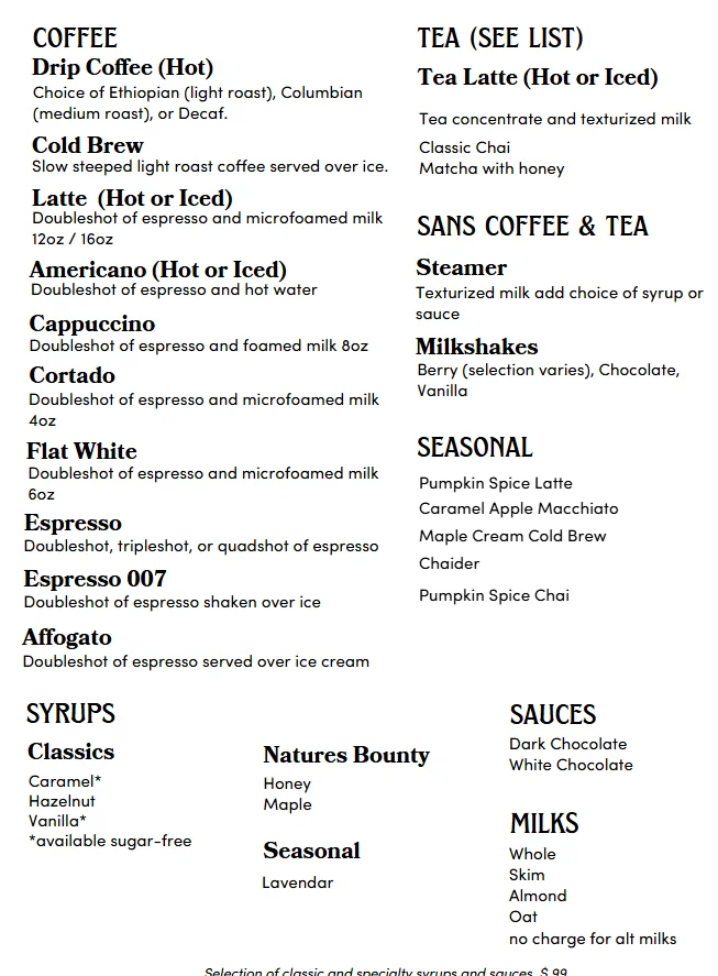 Coffee menu featuring various espresso drinks and seasonal specialties