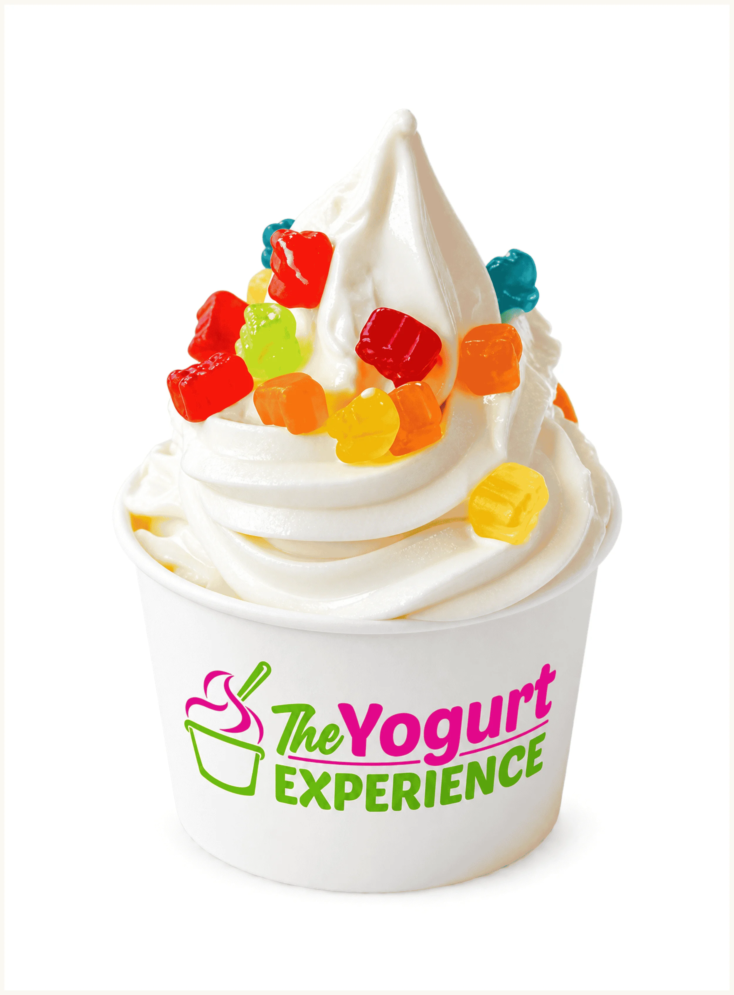 Delicious frozen yogurt topped with colorful gummy bears