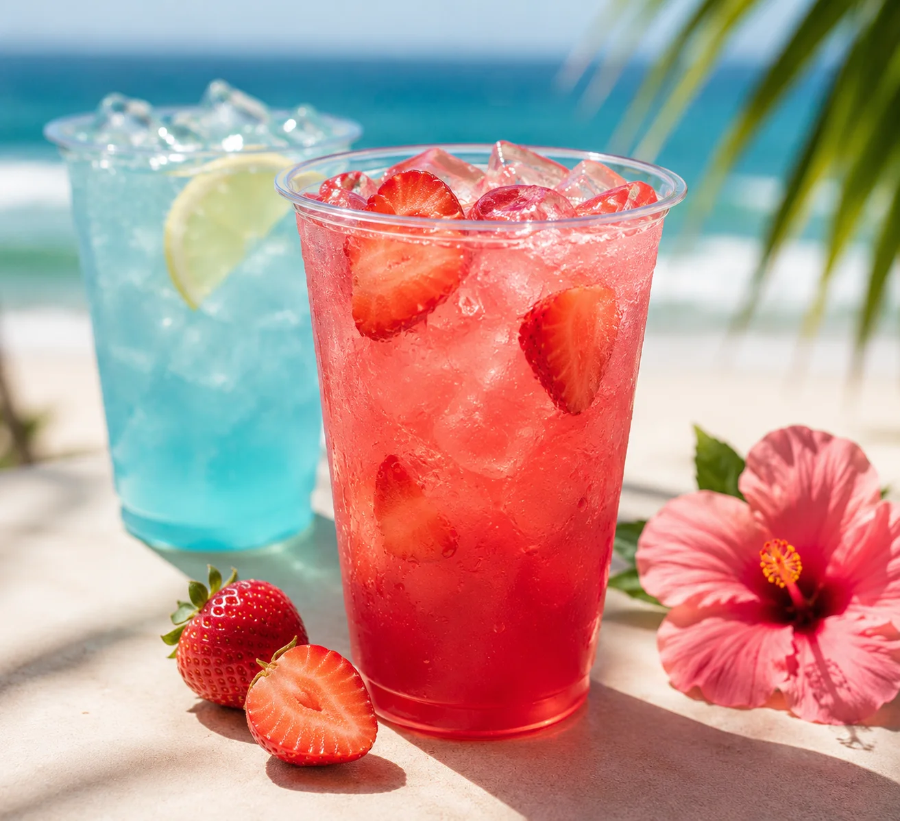 A bright pink lemonade drink with ice, topped with a straw, in a clear cup.