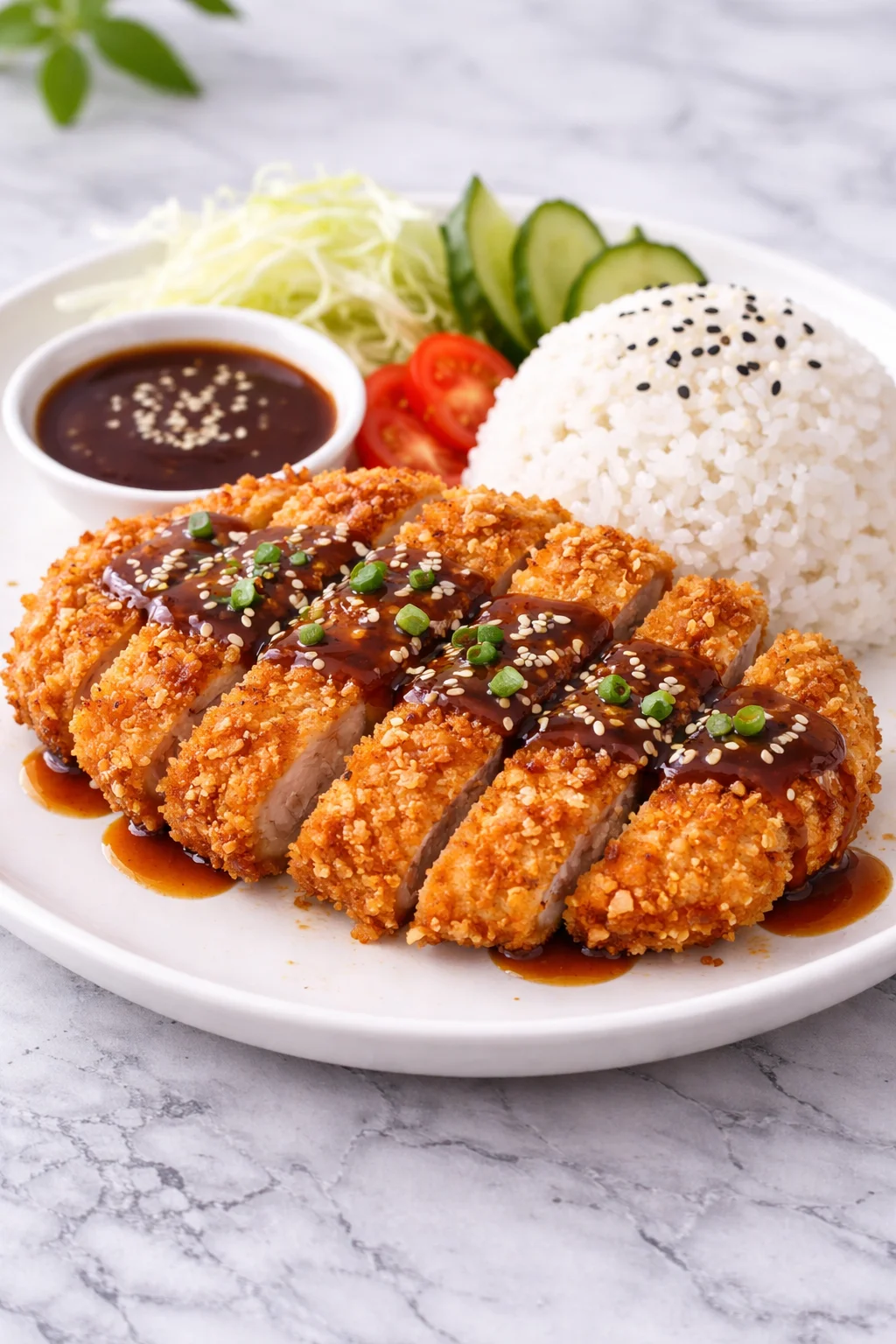 A serving of crispy fried chicken cutlet with brown sauce, accompanied by white rice, salad, and sliced vegetables.