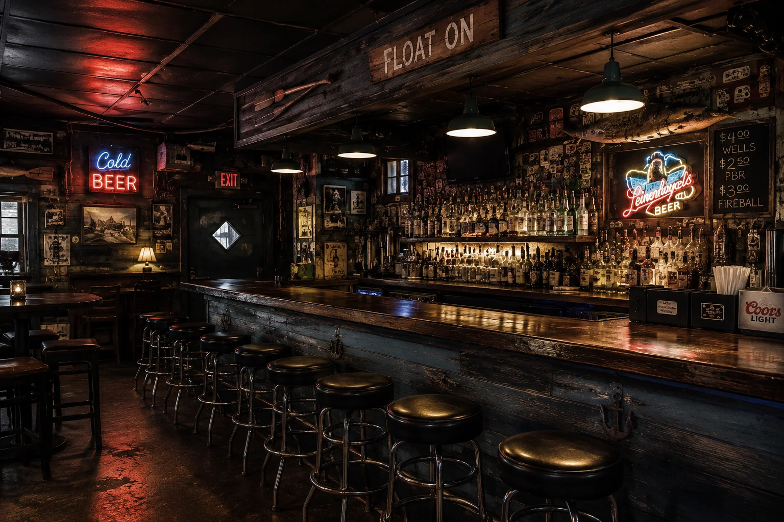 Rustic bar interior with neon signs and a wide selection of spirits