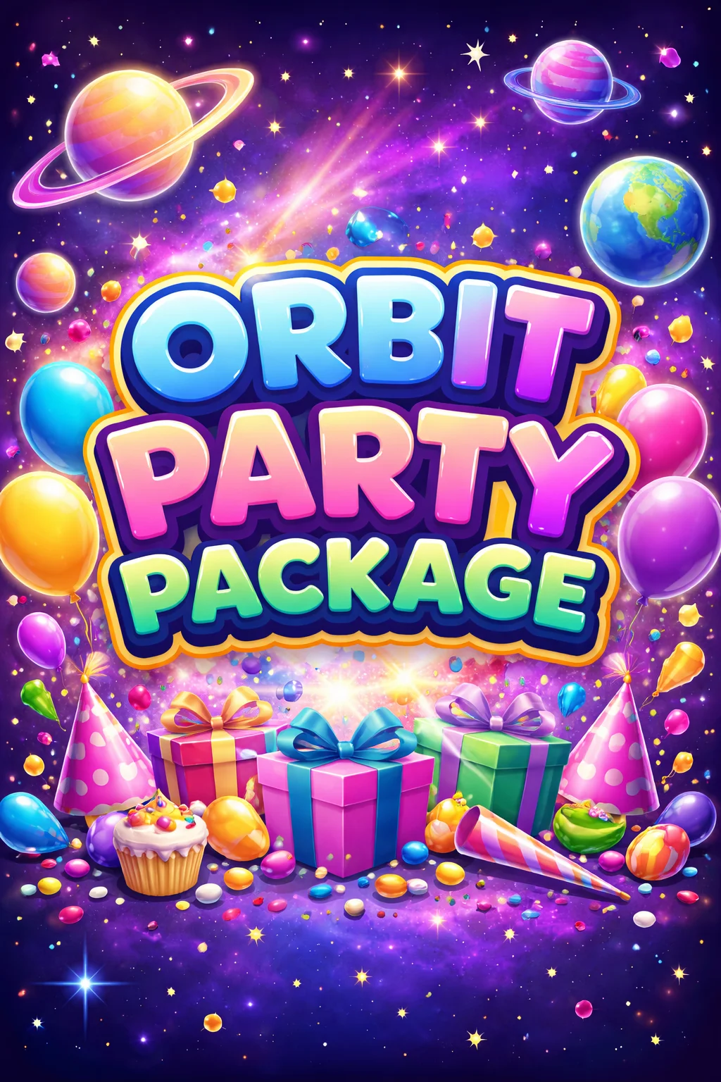 Colorful party package with balloons and gifts in a cosmic theme