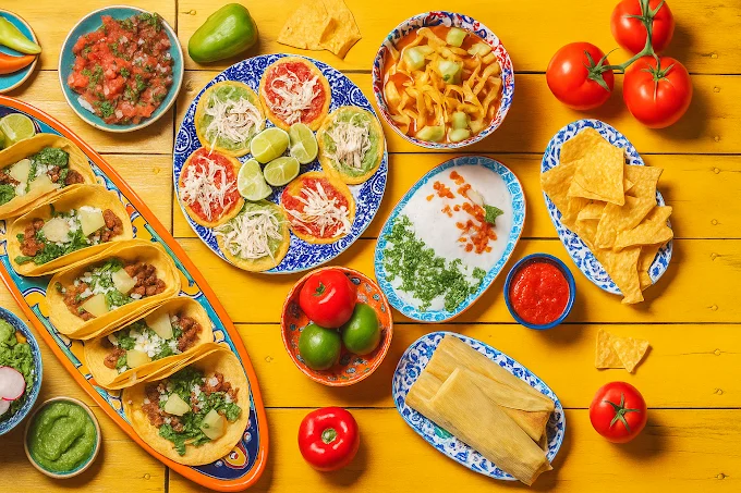 Colorful Mexican taco spread with salsas and fresh toppings
