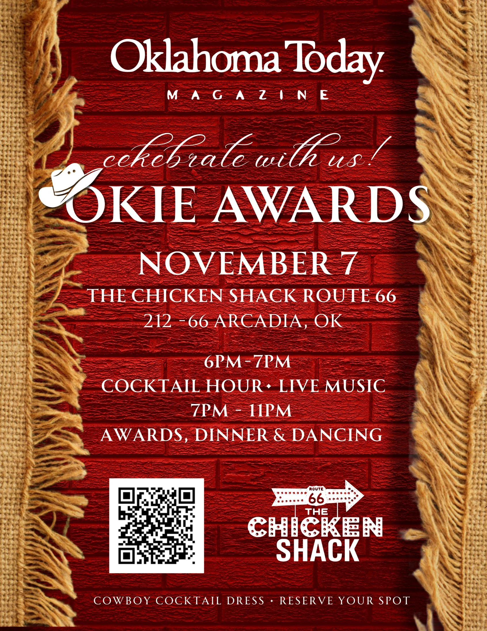 Oklahoma Today magazine event flyer for Okie Awards at The Chicken Shack