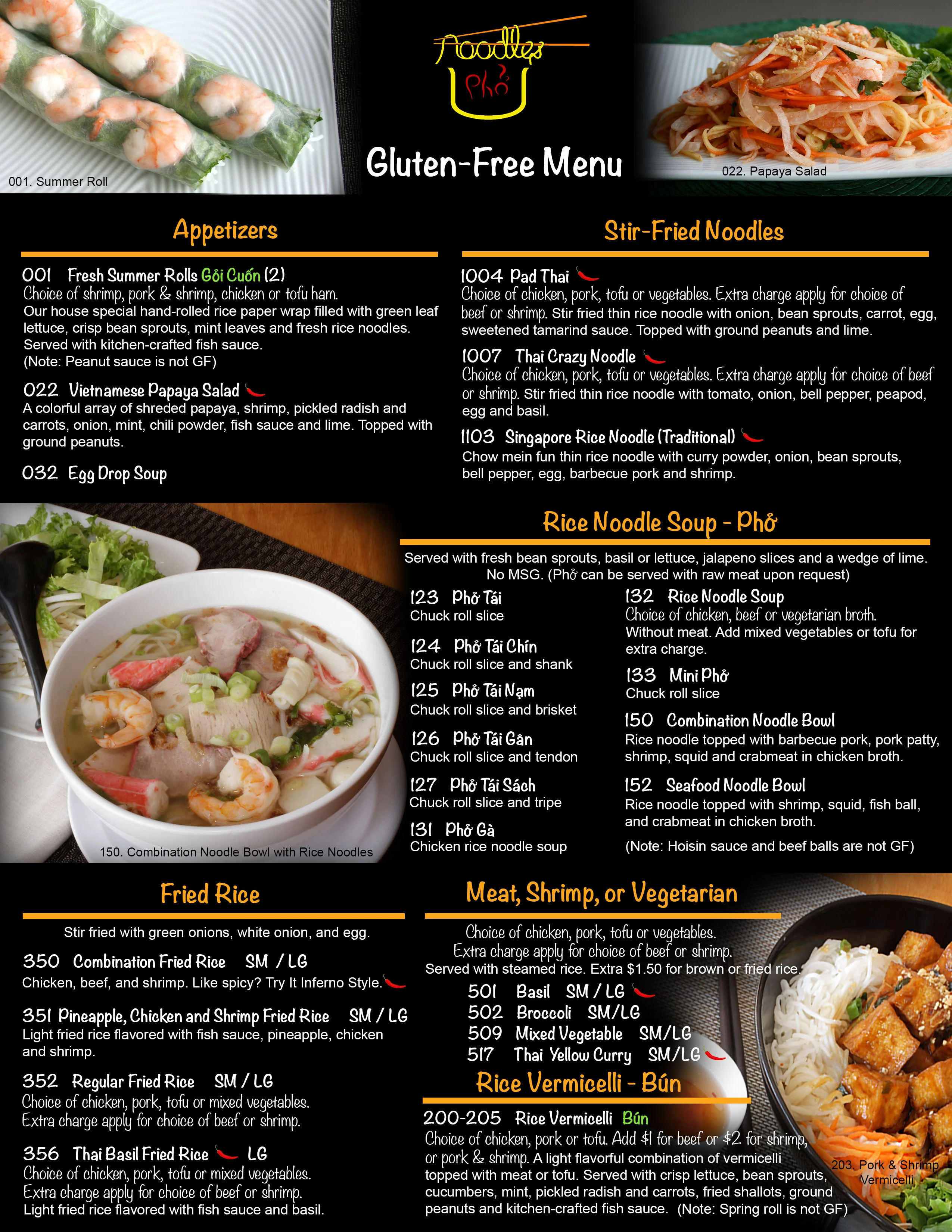 Vietnamese gluten-free menu featuring pho and rice dishes