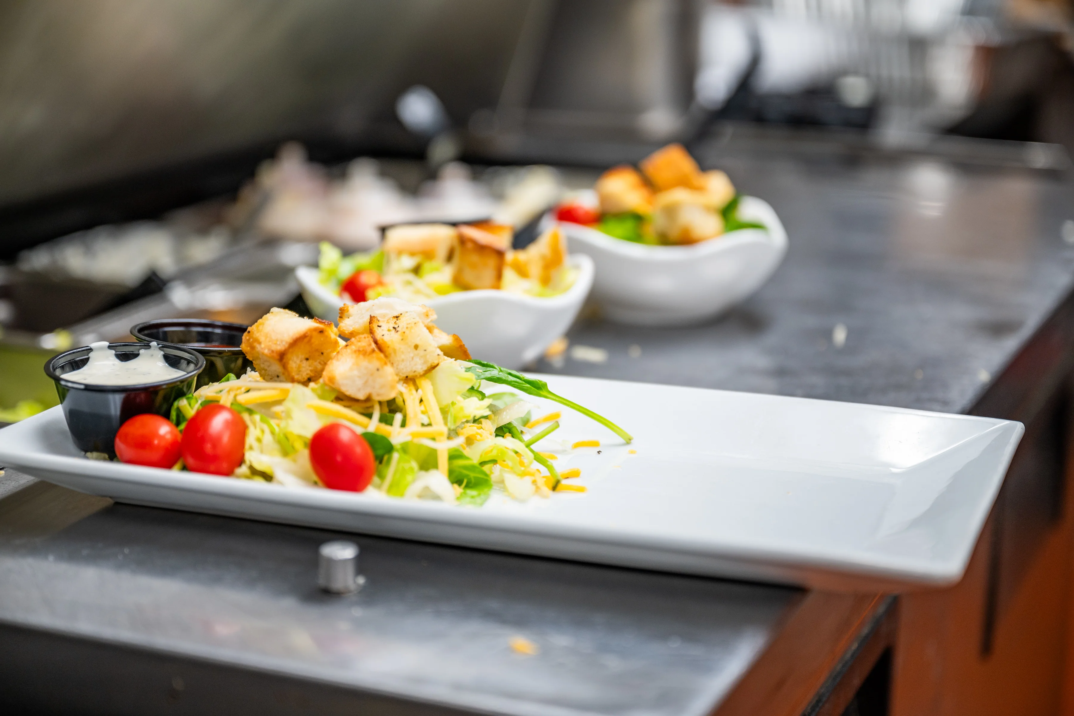 Fresh garden salad with croutons and dressings