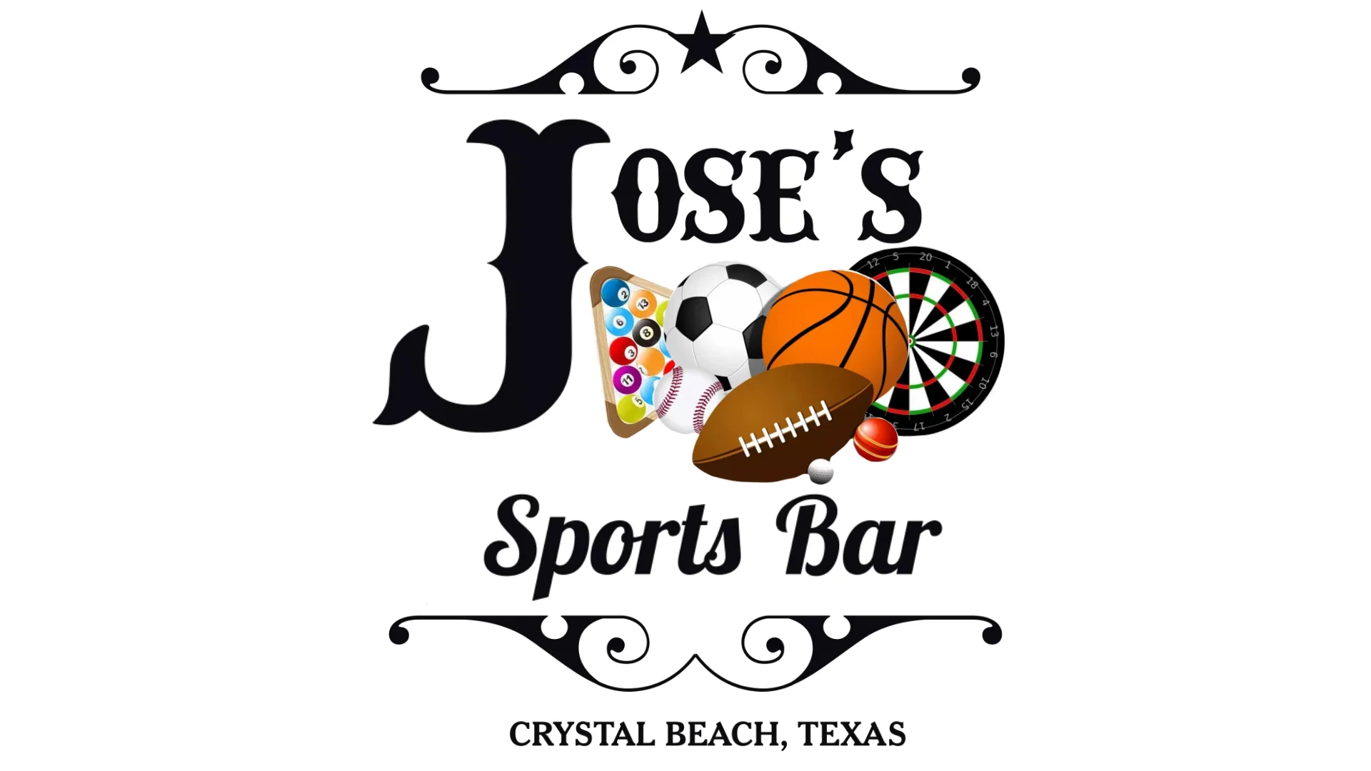 Logo of Jose's Sports Bar in Crystal Beach, Texas with sports icons.