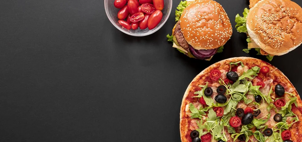 Delicious Margherita pizza with fresh toppings and gourmet burgers
