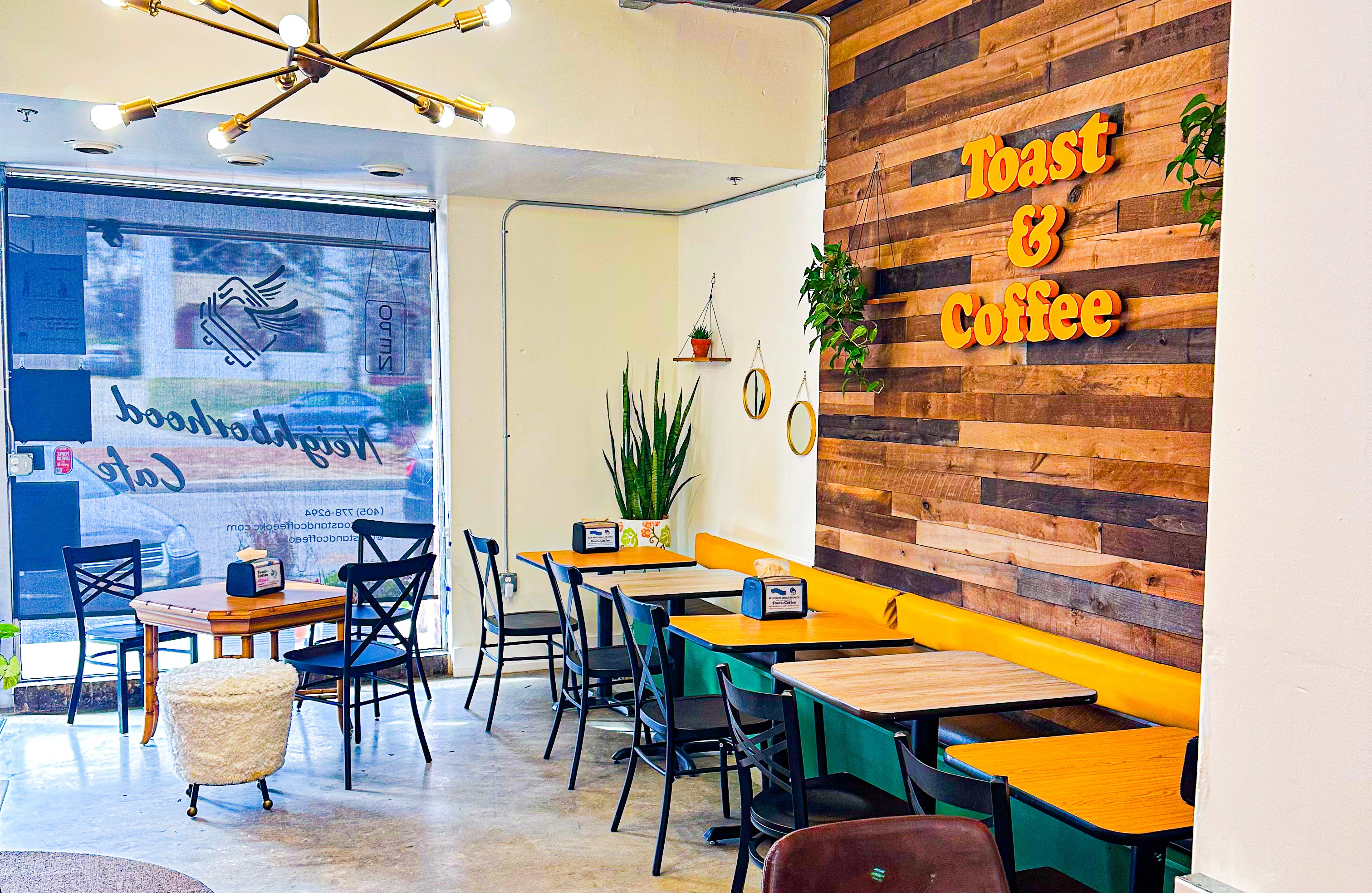 Cozy café interior with wooden accents and seating