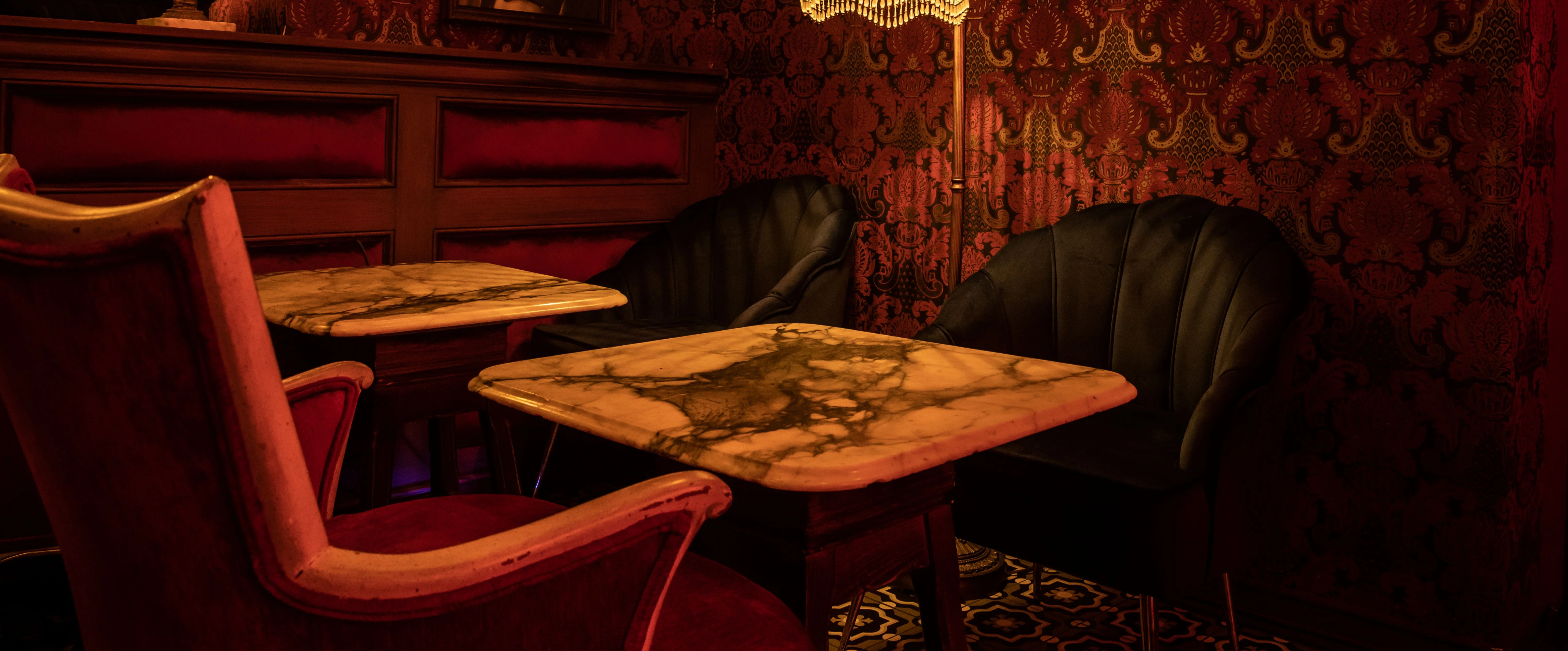 Elegant restaurant interior with vintage decor and warm lighting