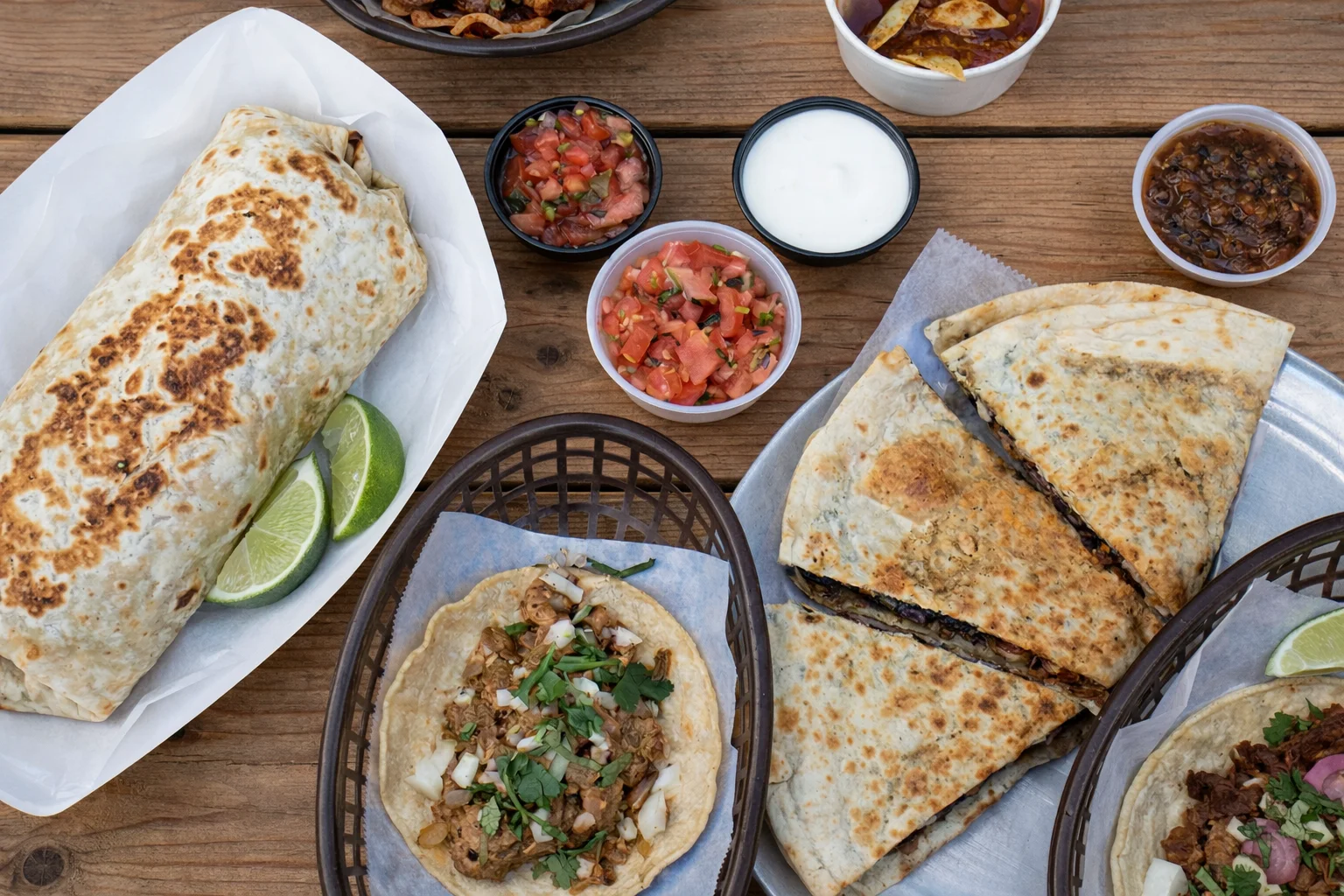 Delicious Mexican burrito with tacos and salsas on a wooden table