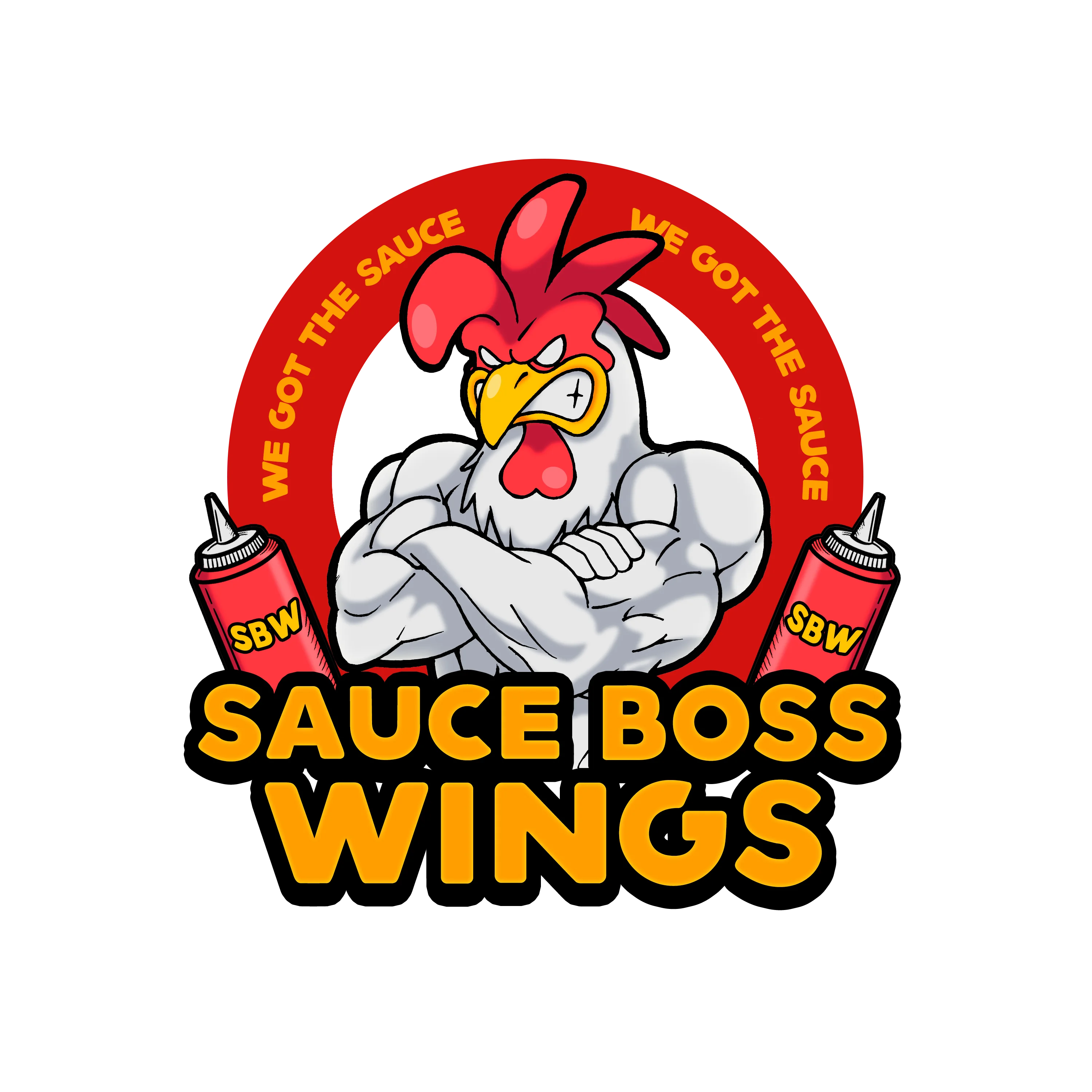 Logo for Sauce Boss Wings featuring a muscular chicken mascot