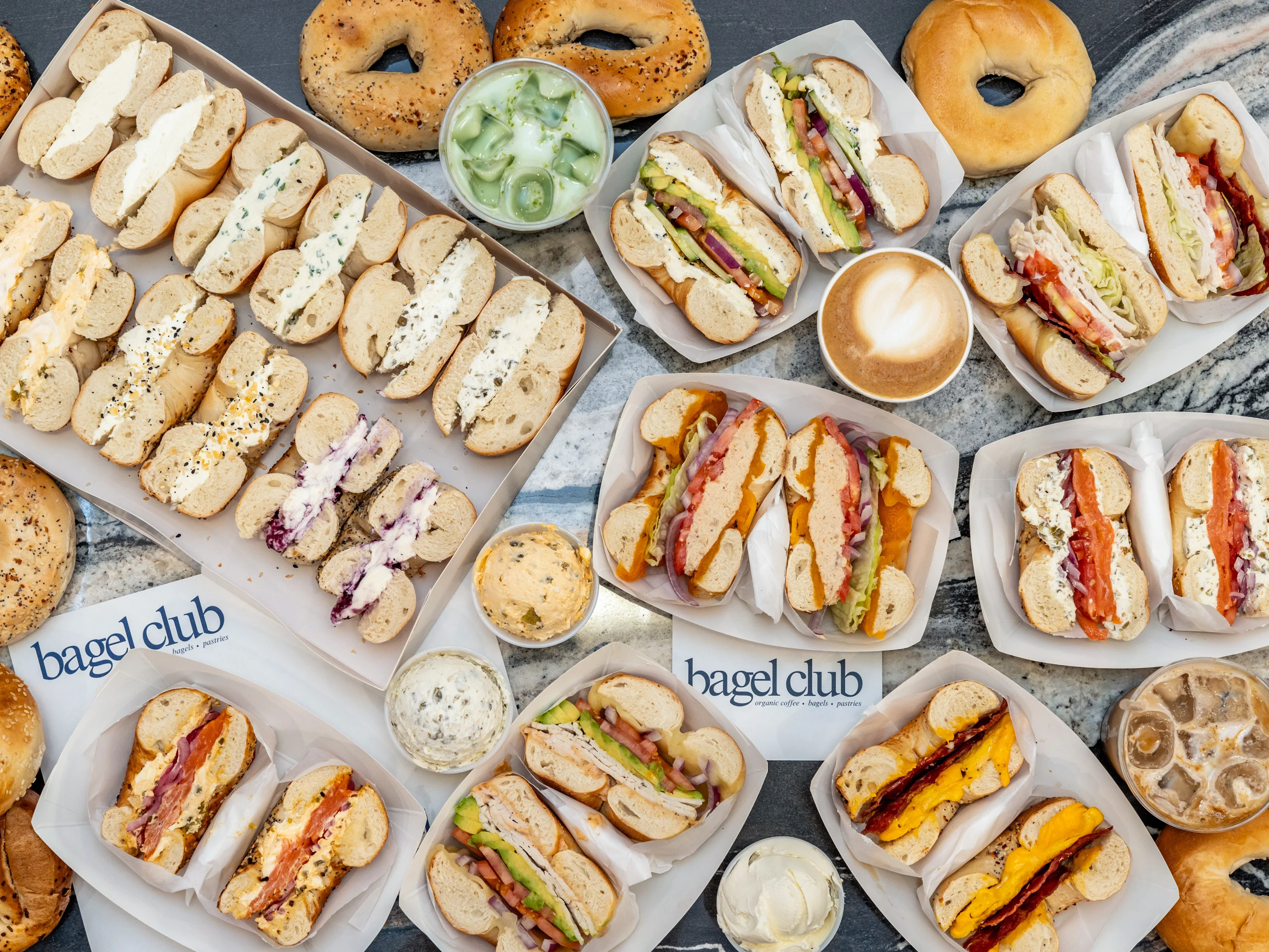 Assorted bagels and sandwiches from a bagel shop
