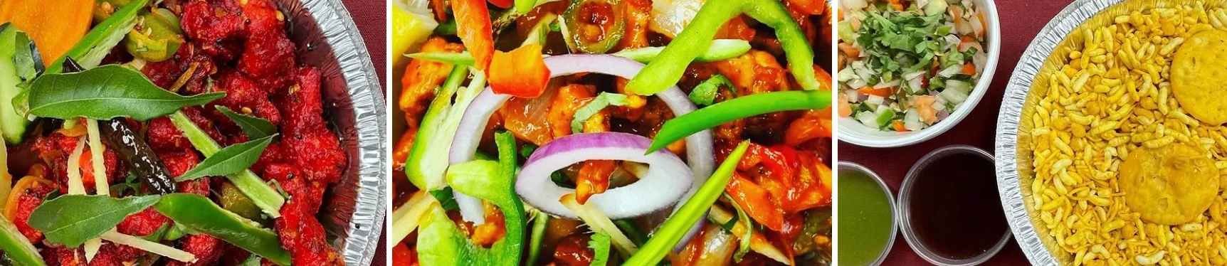 Colorful Indian street food platter with snacks and salads