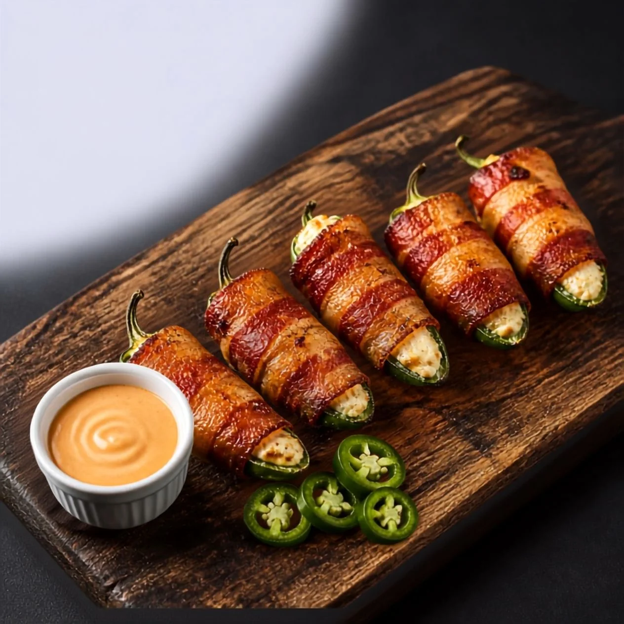 Bacon-wrapped jalapeño poppers served with dipping sauce