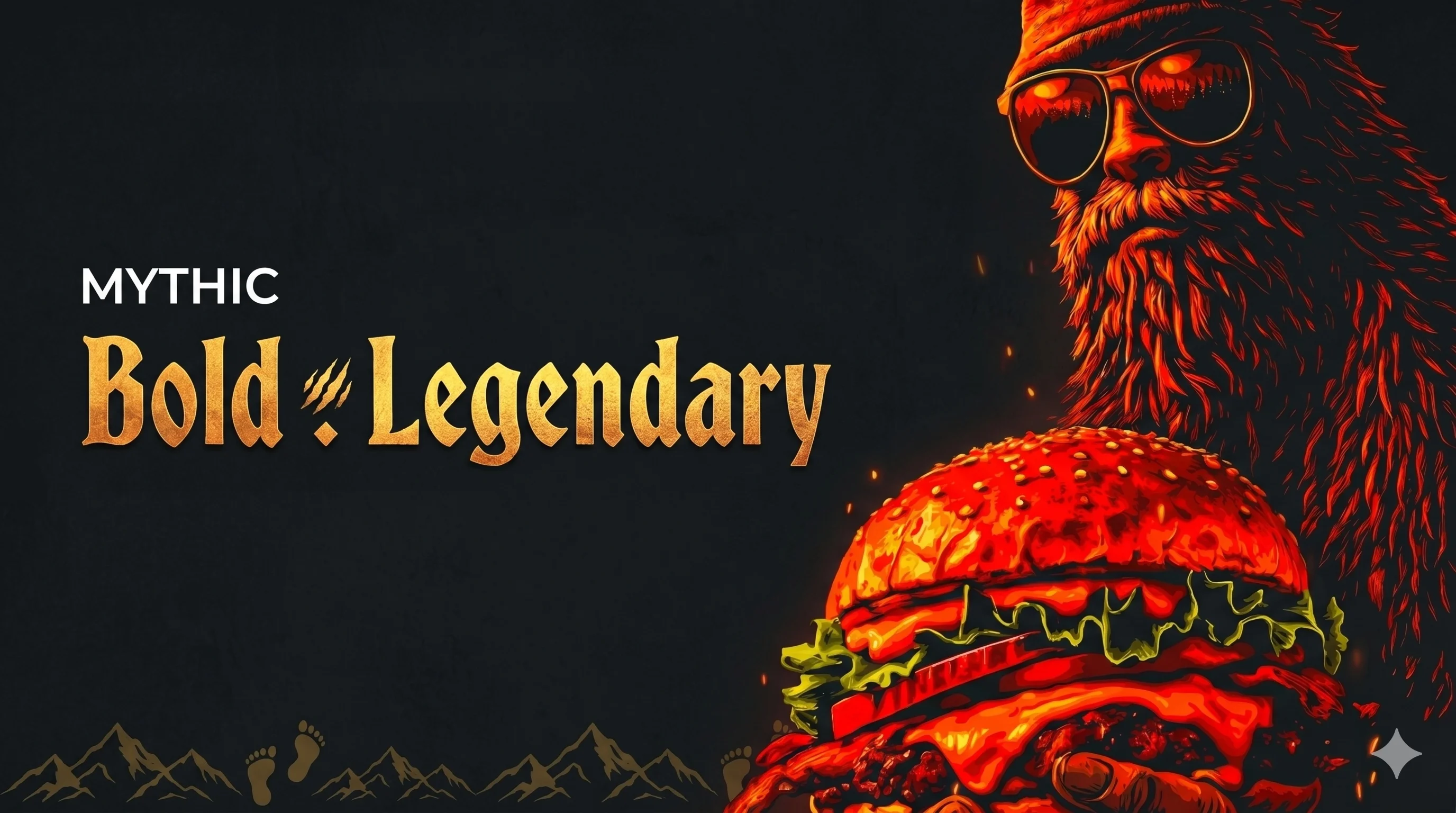 A mythical figure holding a vibrant burger with bold text branding.