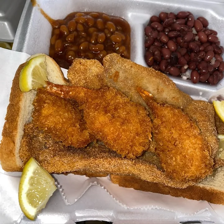 Southern fried shrimp sandwich with sides