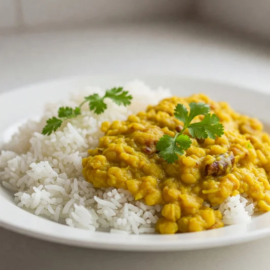 Bowl of dal served over fluffy basmati rice