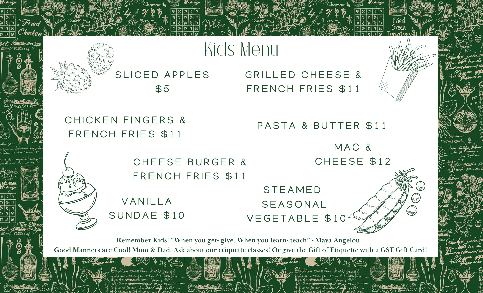 Colorful kids menu featuring various fun meal options.