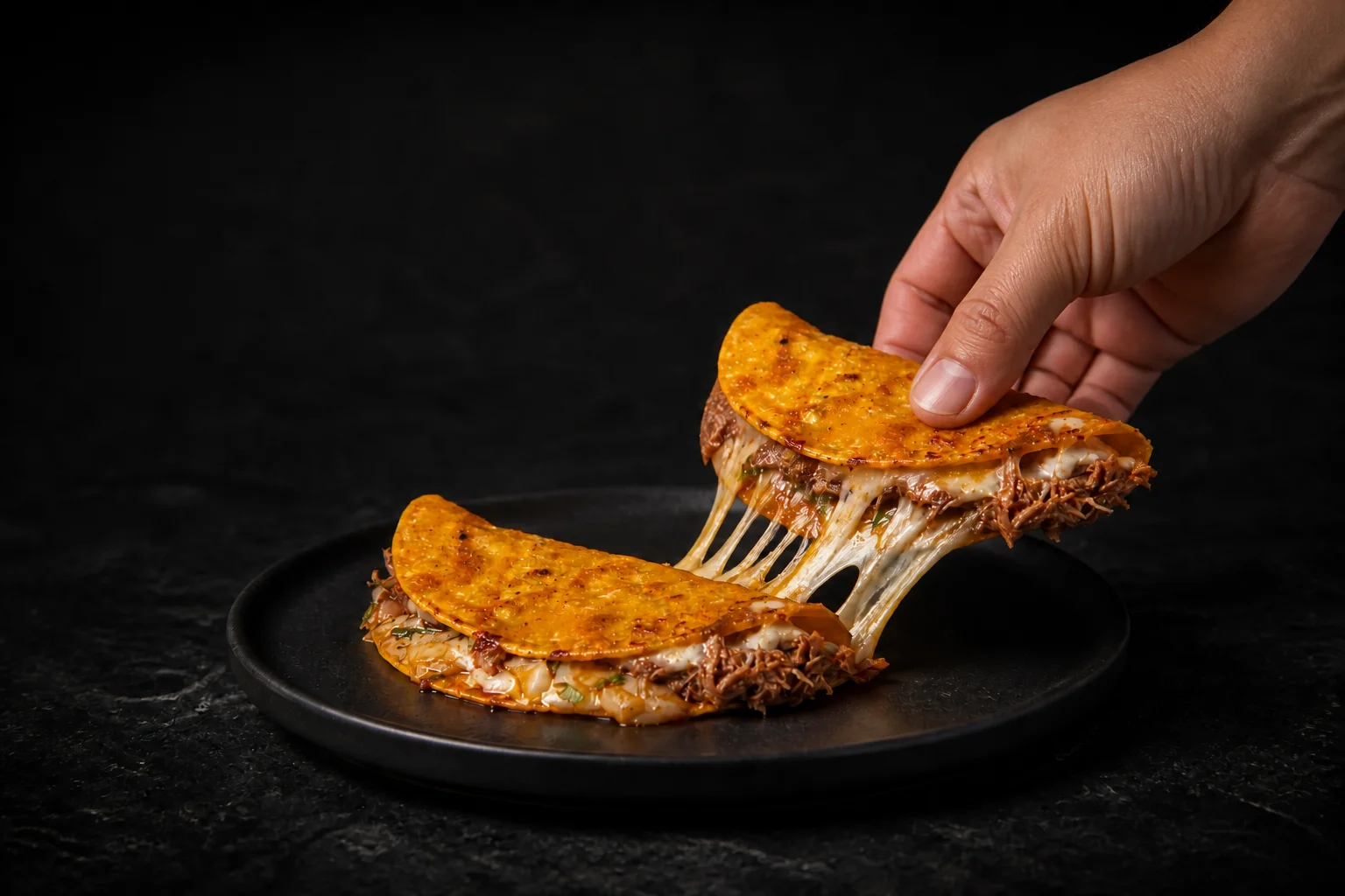 Beef birria quesatacos with melted cheese at Fuego Cravings