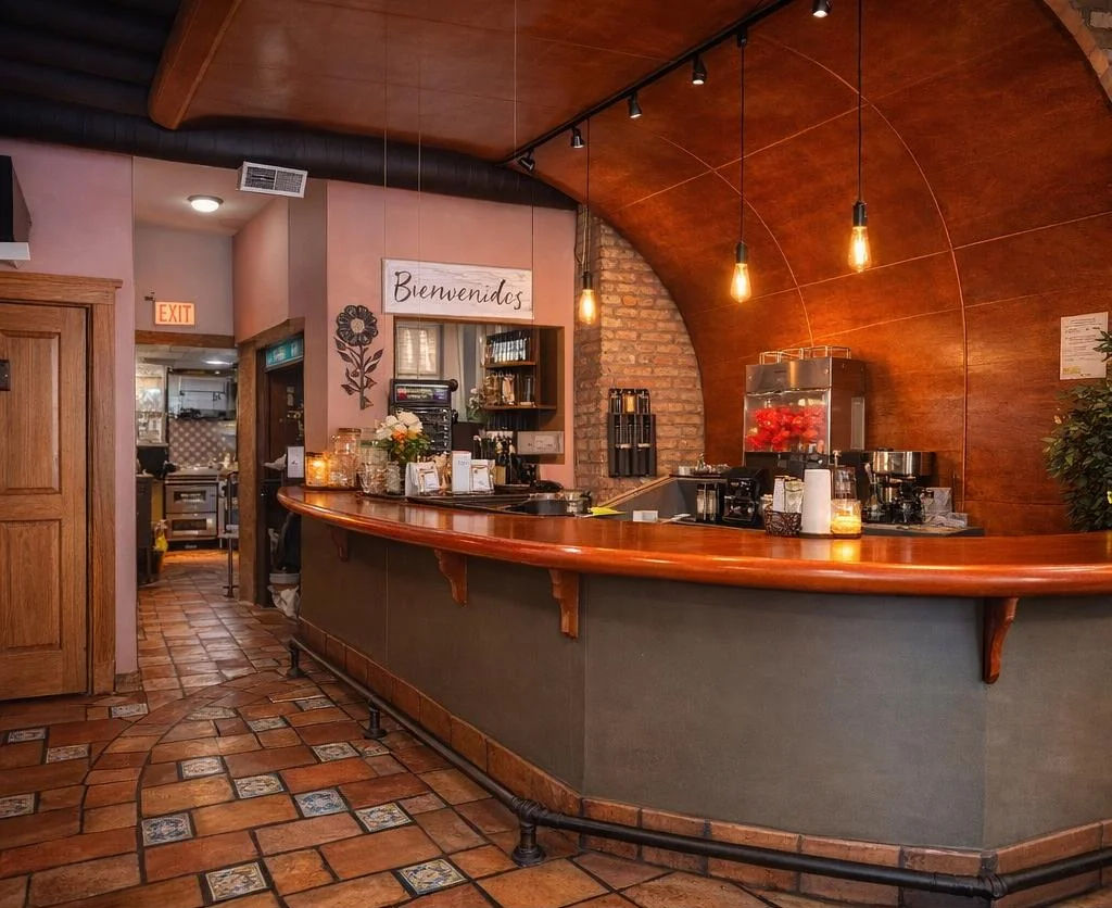 Cozy restaurant interior with warm lighting and rustic decor