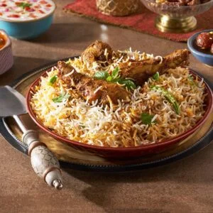 Authentic Indian biryani with spiced chicken and fragrant rice