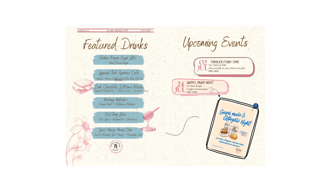 Newsletter featuring drinks and events at a cozy café