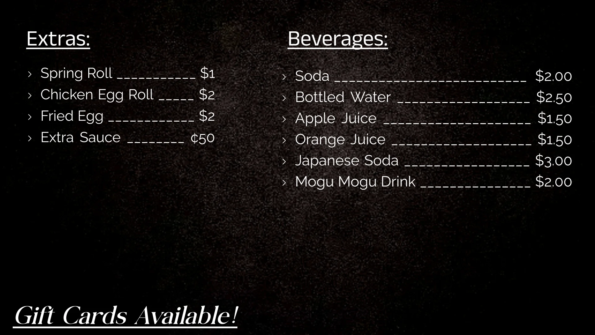 Menu board featuring Asian appetizers and beverages
