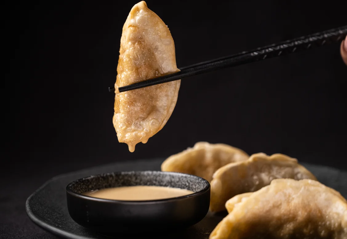 Crispy Japanese gyoza with dipping sauce