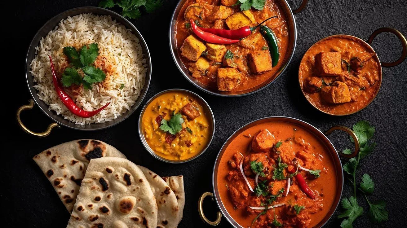 Indian curry feast with paneer, dal, biryani, and naan