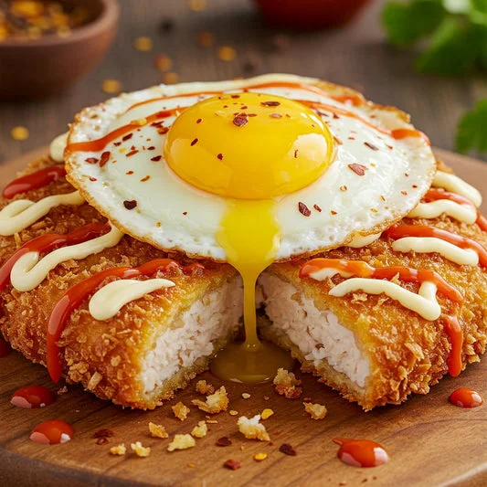 Crispy chicken katsu with fried egg and sauces