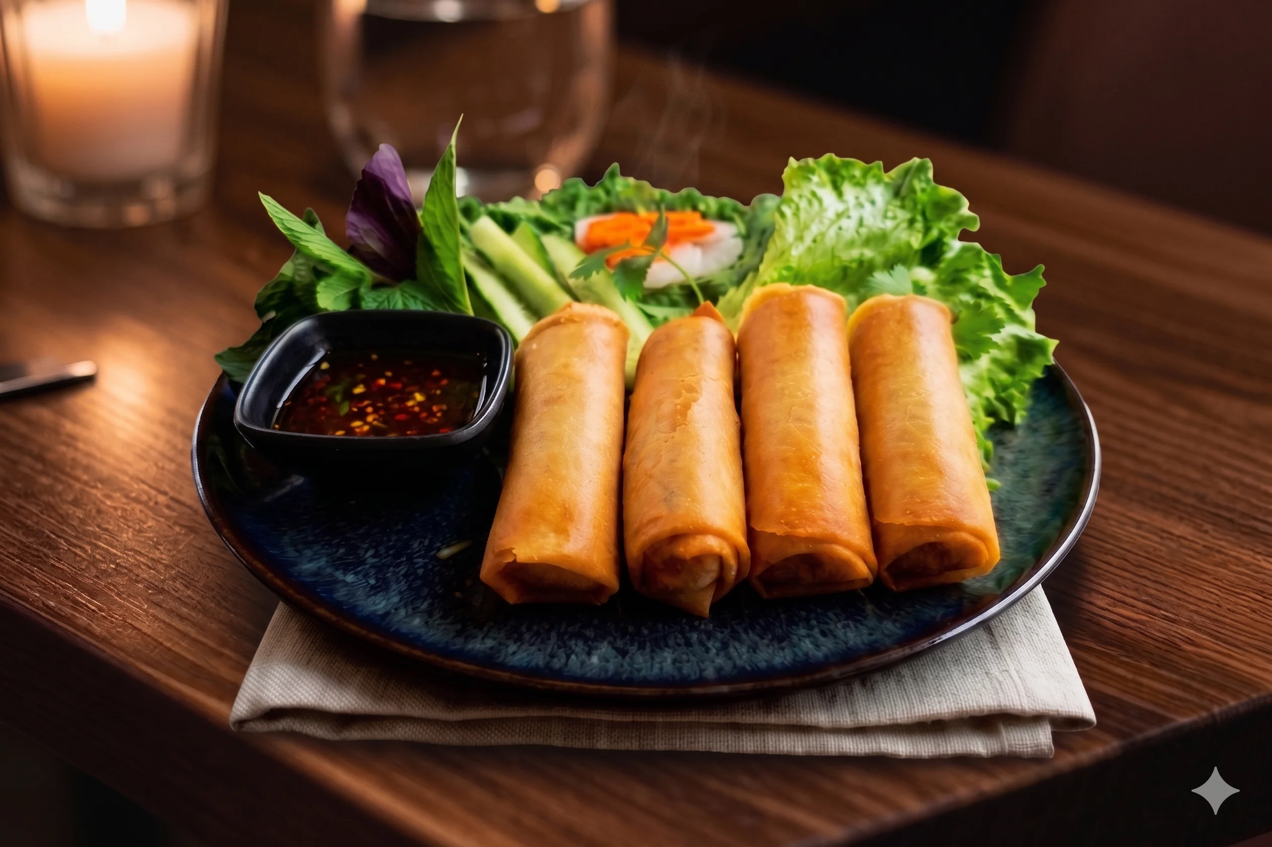 Plate of crispy spring rolls with dipping sauce and fresh vegetables.