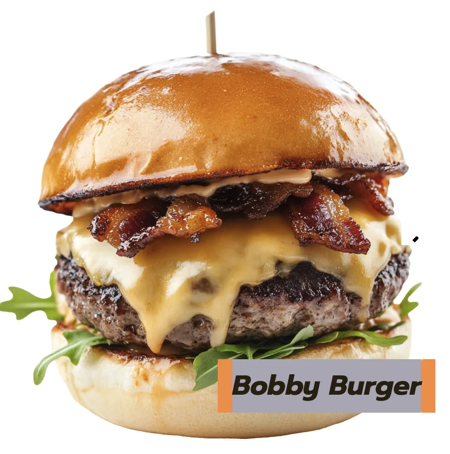 Juicy cheeseburger with bacon and arugula