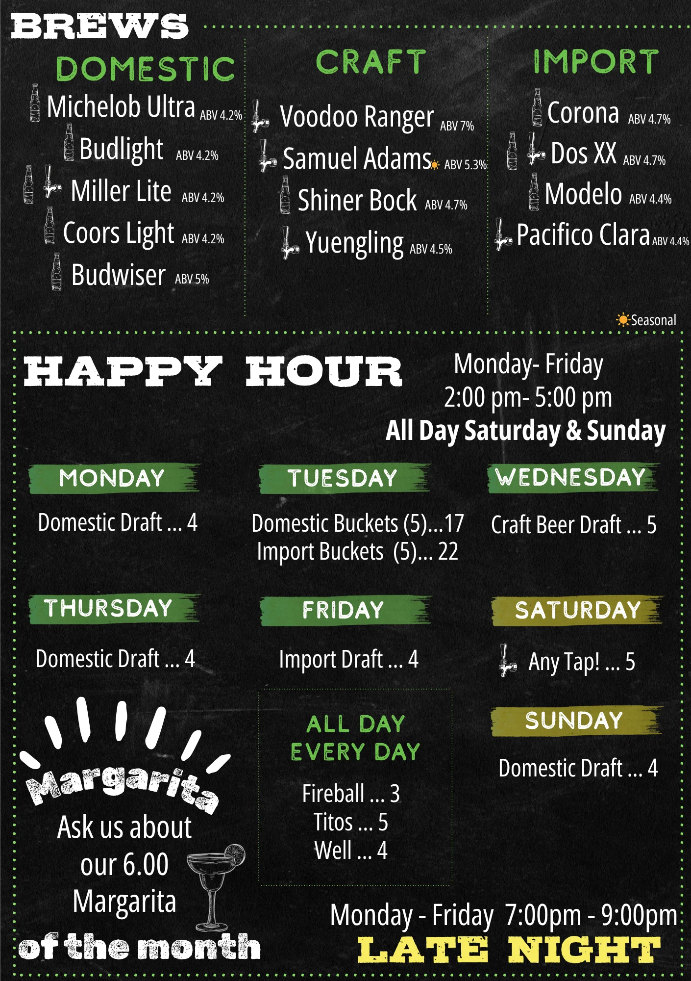 Craft beer and happy hour menu at a lively bar