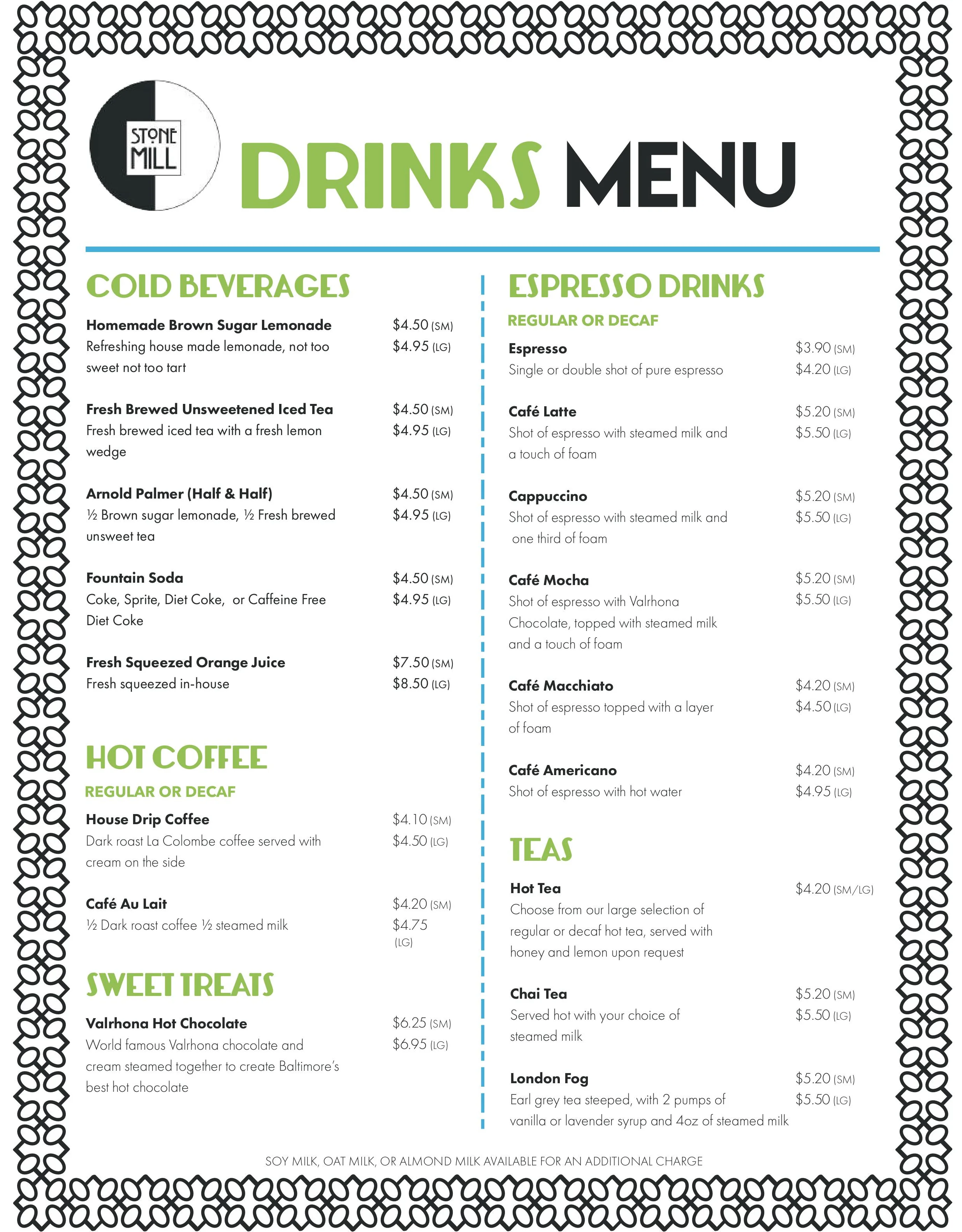 Comprehensive drinks menu featuring coffee, teas, and cold beverages
