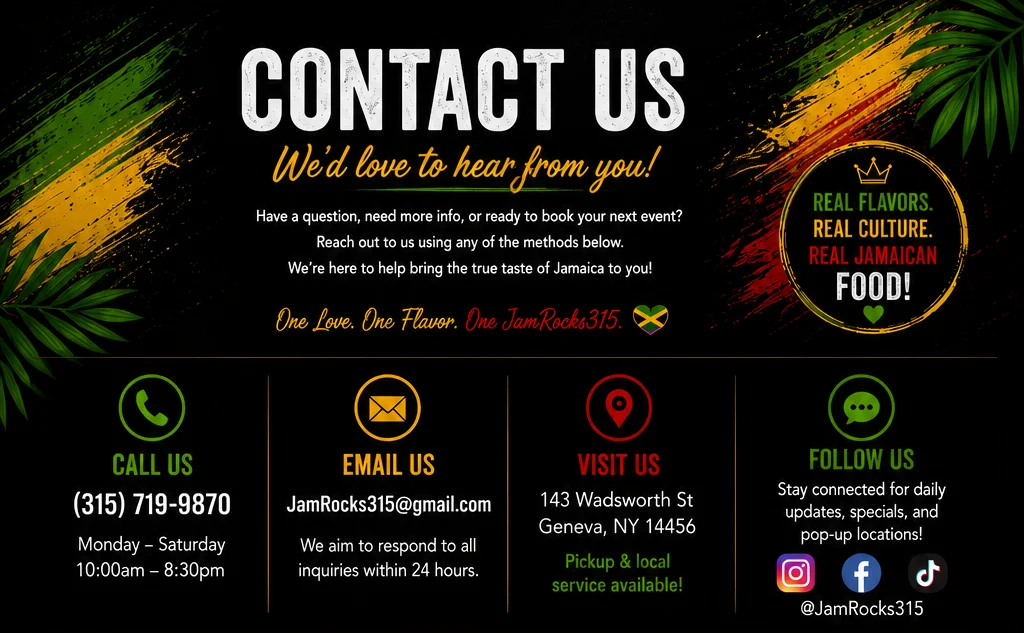 Contact page for JamRocks315, showcasing Jamaican cuisine and event catering
