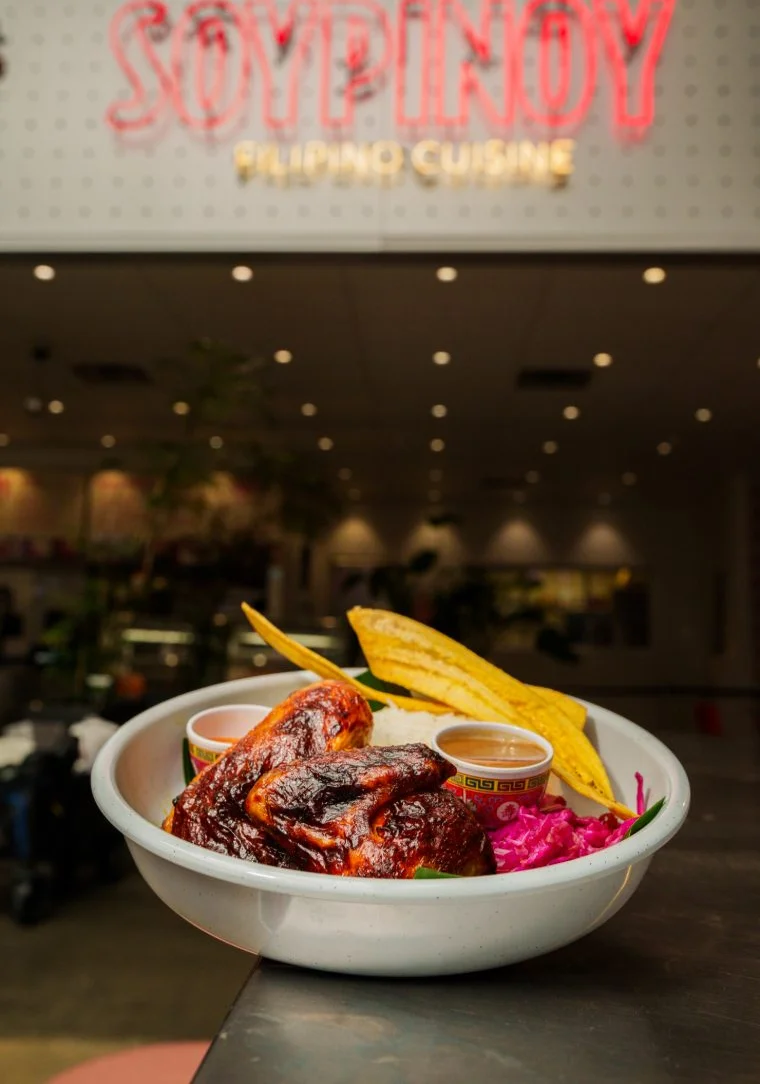 Filipino chicken wings with rice, plantains, and dipping sauce