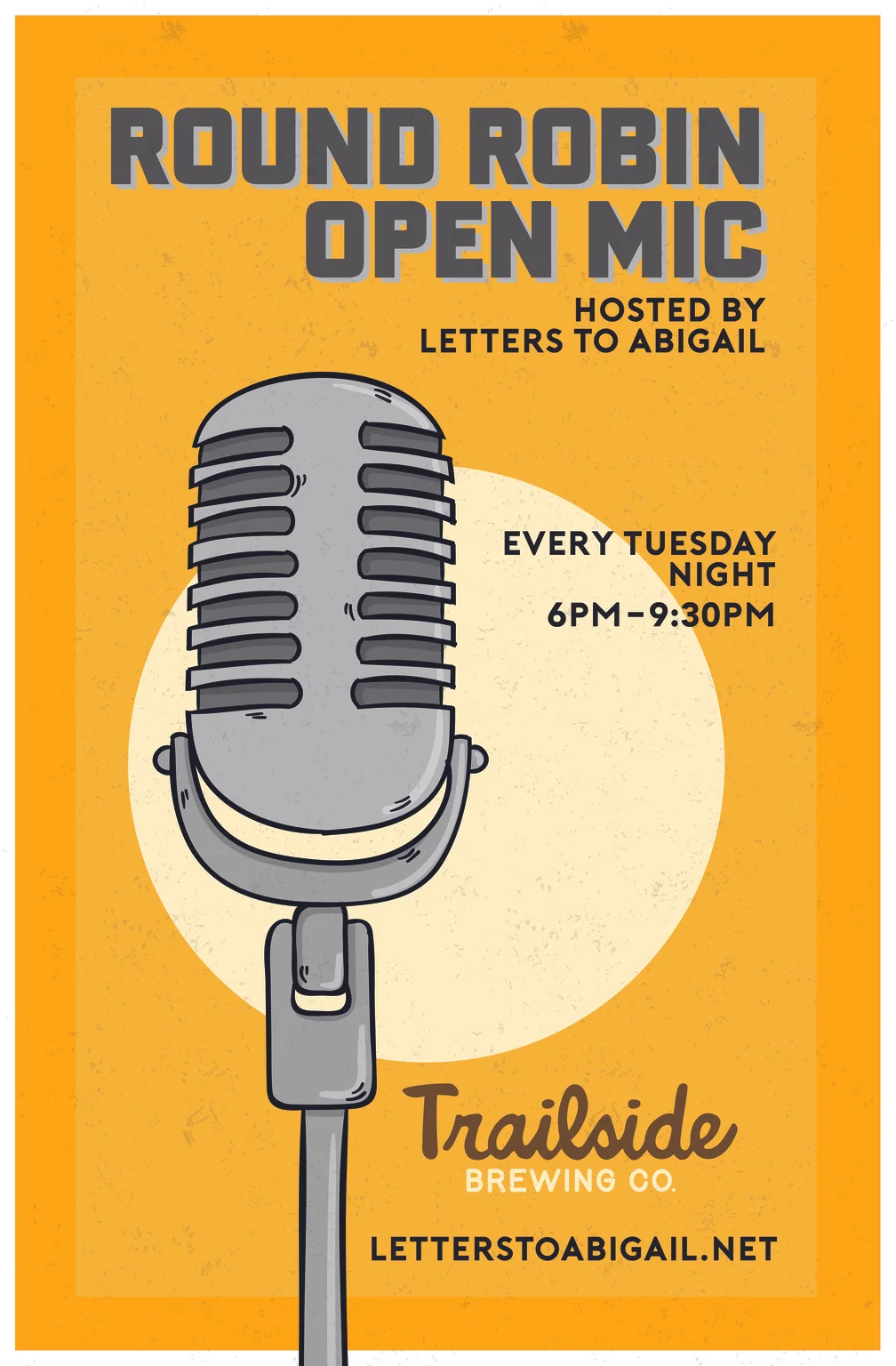 Open mic night poster at Trailside Brewing Co.