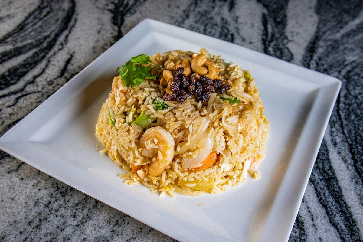 Flavorful Indian fried rice with shrimp and nuts