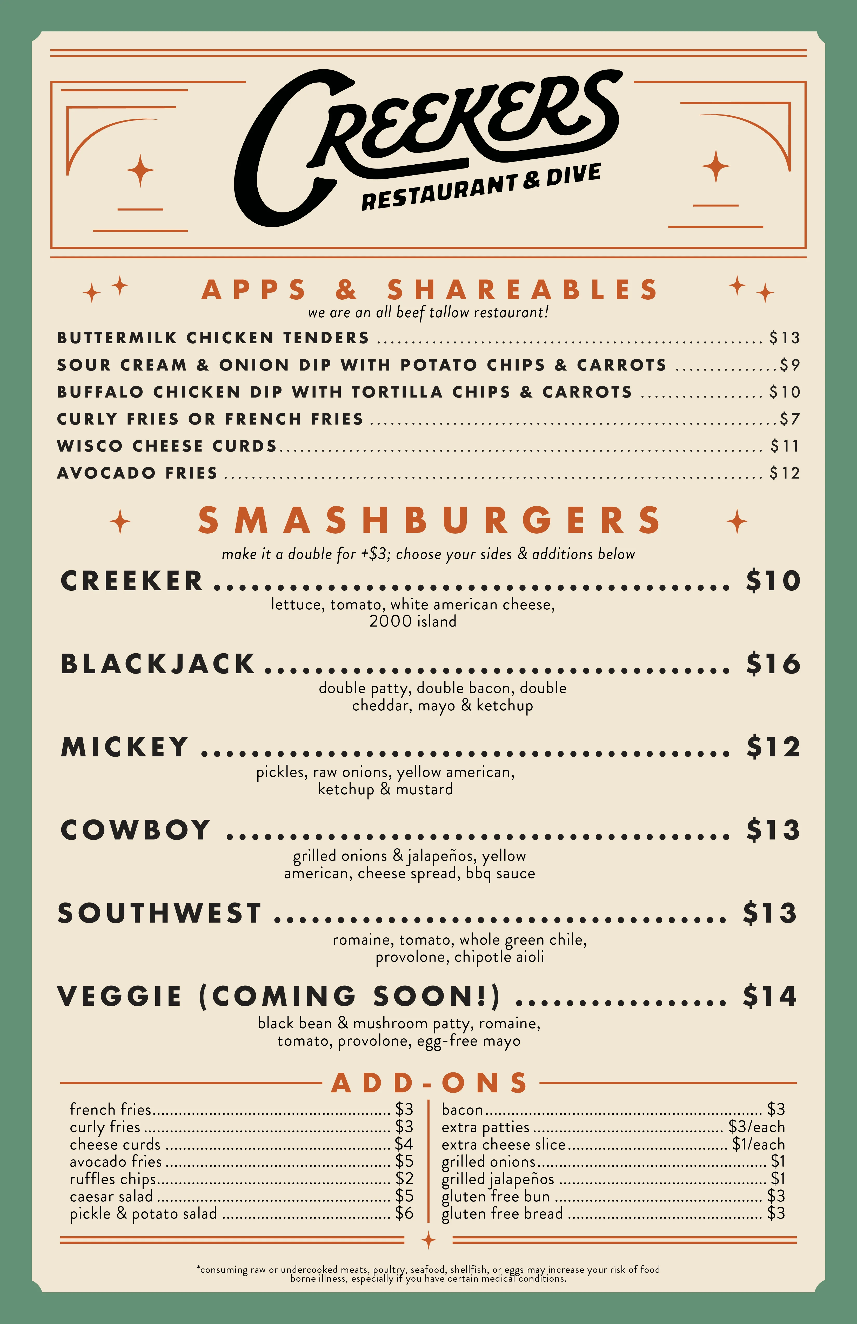 Menu of a casual American restaurant featuring burgers and shareable appetizers