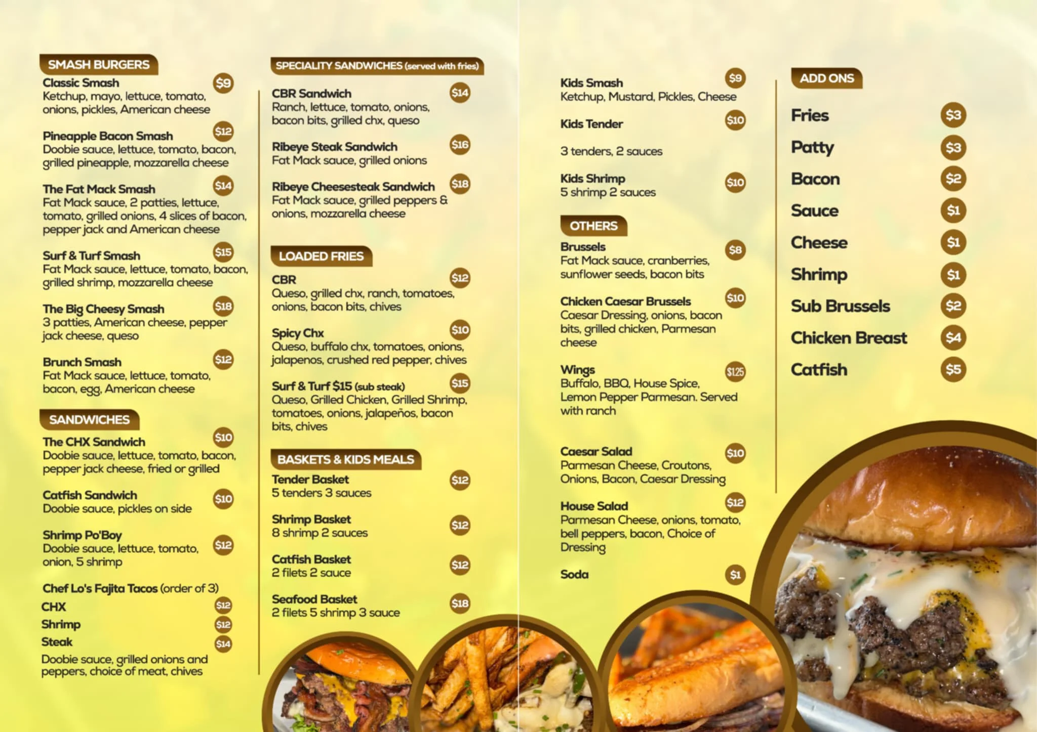 Menu featuring American smash burgers and specialty sandwiches