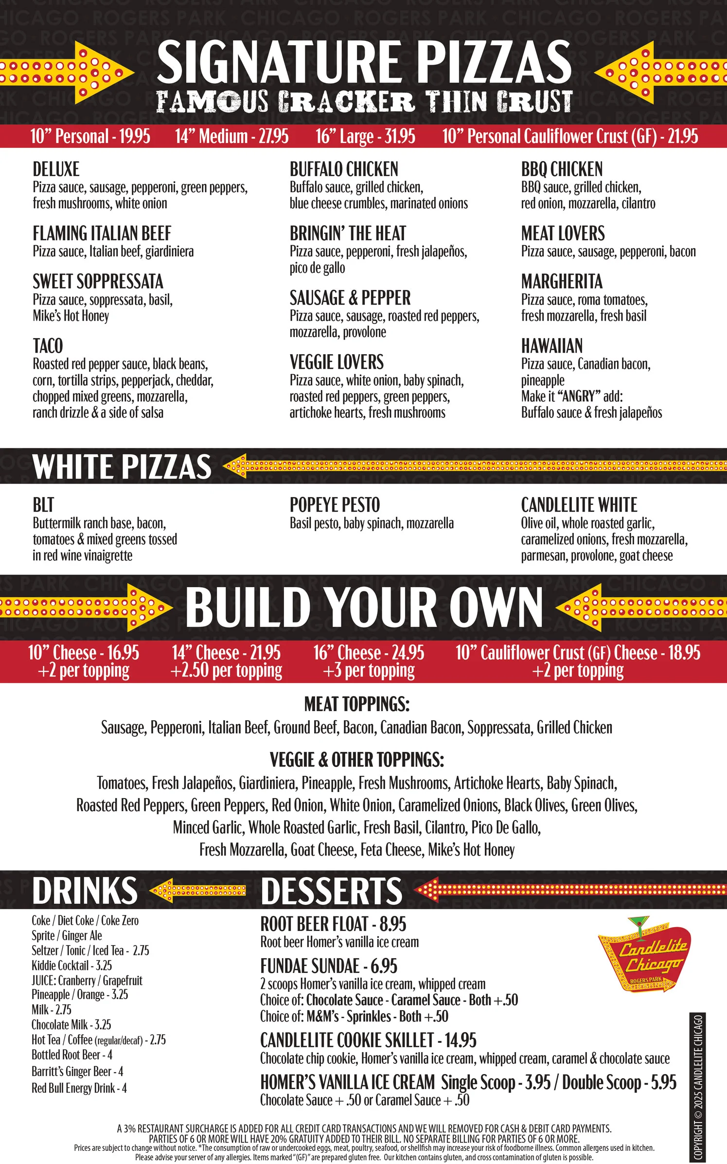 Menu featuring signature pizzas and desserts from a Chicago pizzeria