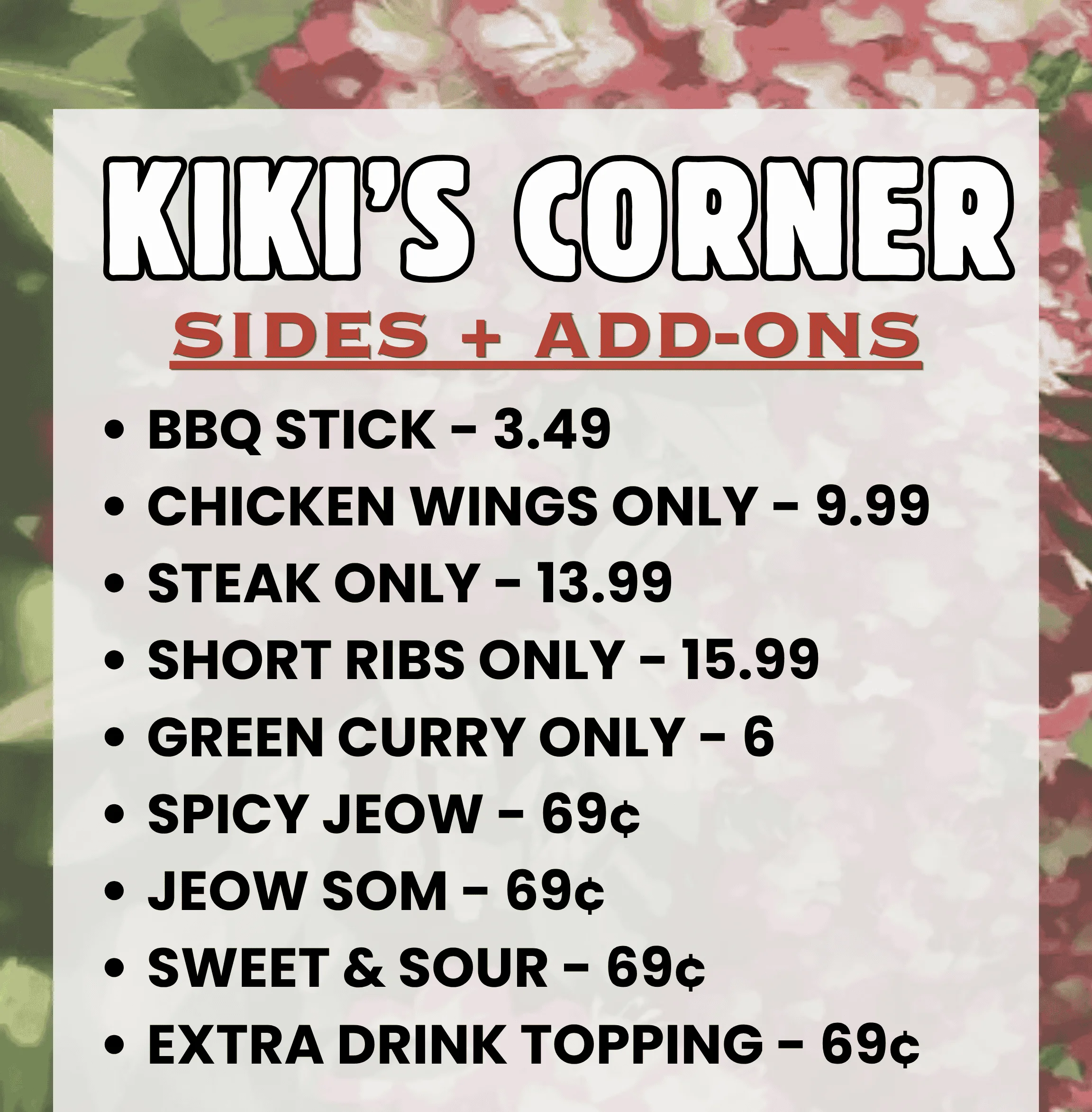 Menu for Kiki's Corner featuring sides, add-ons, and catering options.