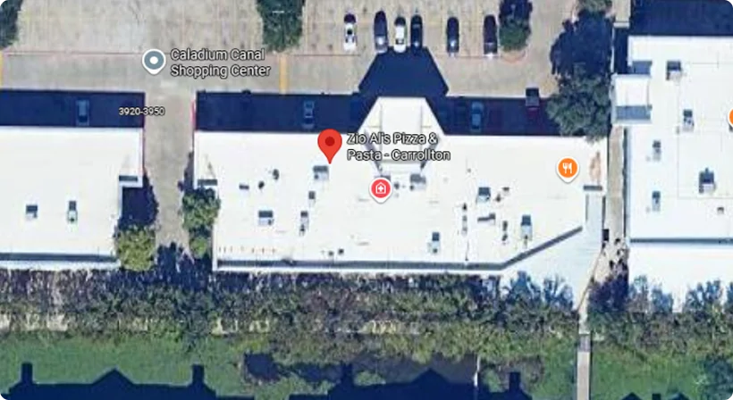 Aerial view of Zio Al's Pizza & Pasta restaurant in Carrollton