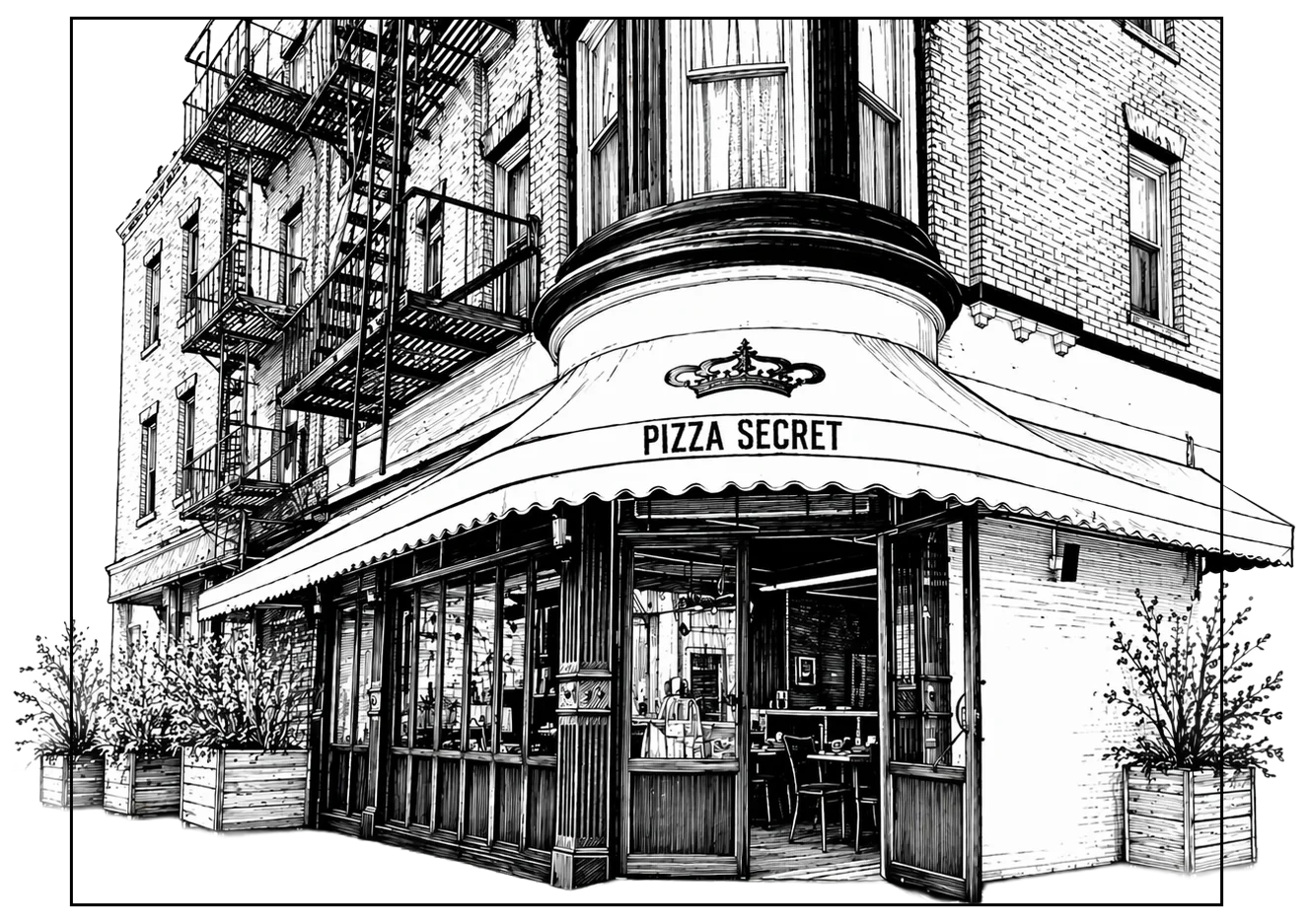 Illustration of a pizza restaurant's front view, framed.