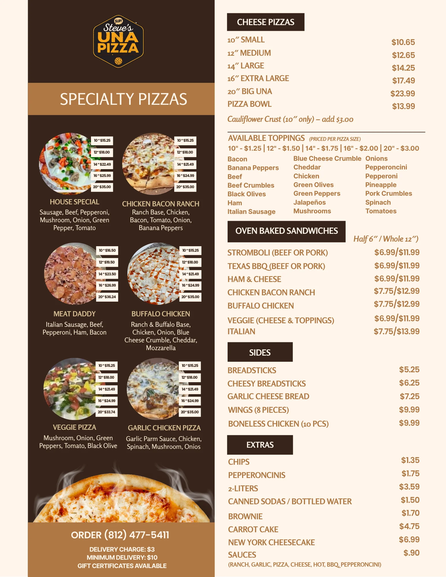 Variety of specialty pizzas from a local pizzeria