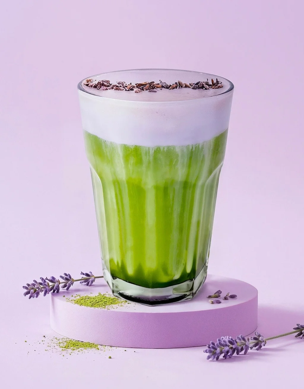 An iced matcha latte with a thick, frothy white foam layer sits on a pastel purple platform. The vibrant green layered drink is garnished with dried lavender buds scattered around the base against a clean lavender background.