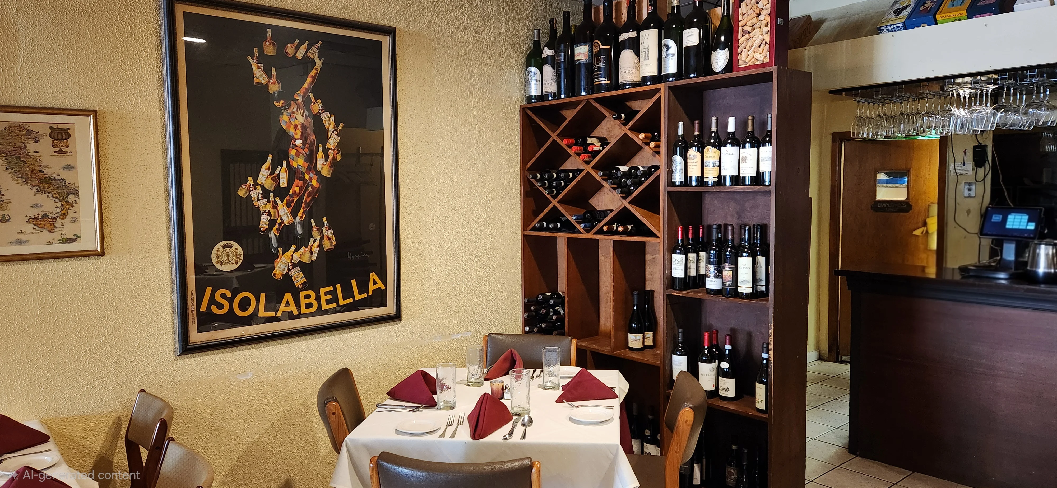 Cozy restaurant interior with wine display and vintage artwork