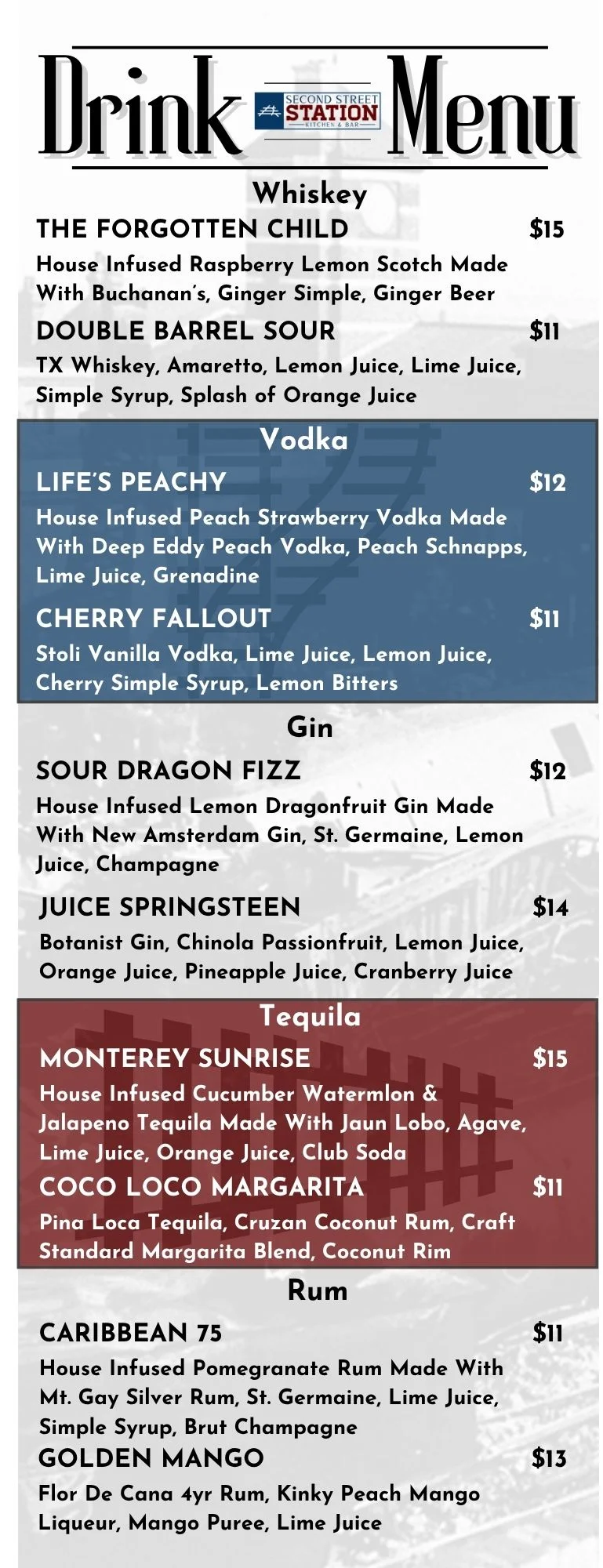 Cocktail menu featuring diverse drinks at a modern bar