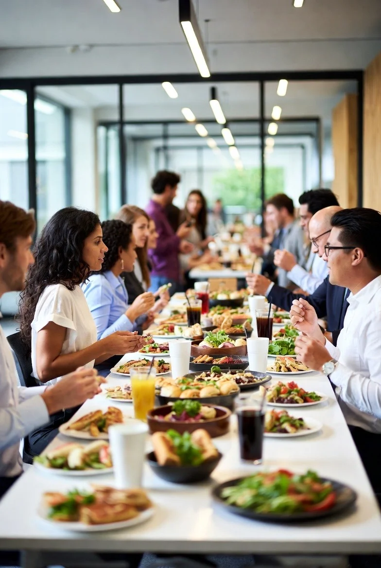 Office lunch catering with pizza, heroes, salads, and trays served to a corporate group by Tommy’s Pizza in South Richmond Hill, Queens NY